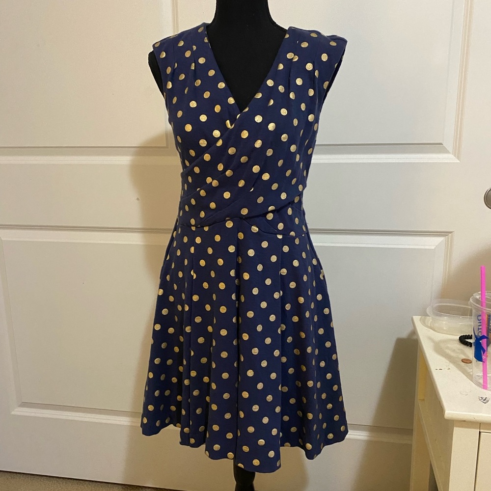 Anthropologie Maeve Ophira Polka Dot Dress S Navy Gold - Picture 10 of 11